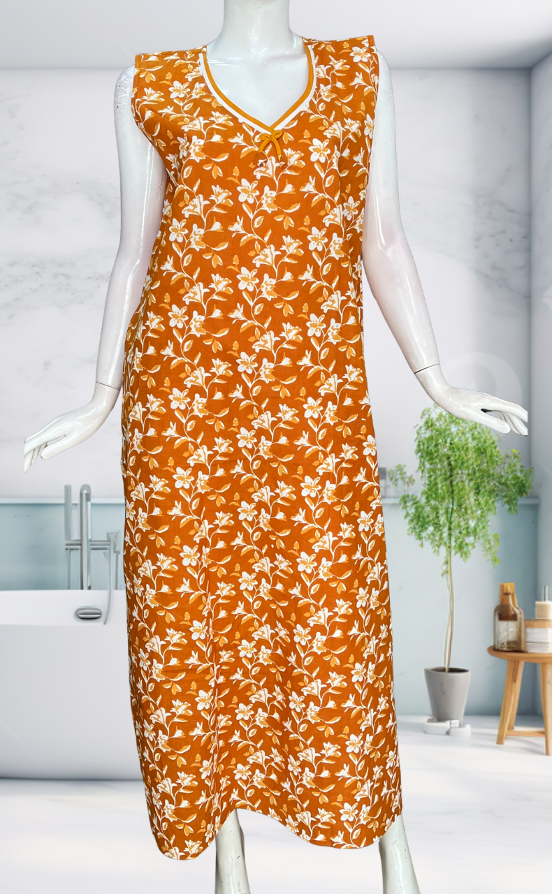 Mustard Garden Sleeveless Pure Cotton Nighty. Pure Durable Cotton | Laces and Frills