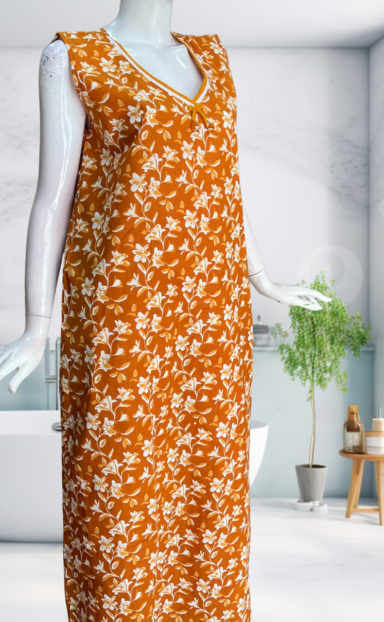 Mustard Garden Sleeveless Pure Cotton Nighty. Pure Durable Cotton | Laces and Frills