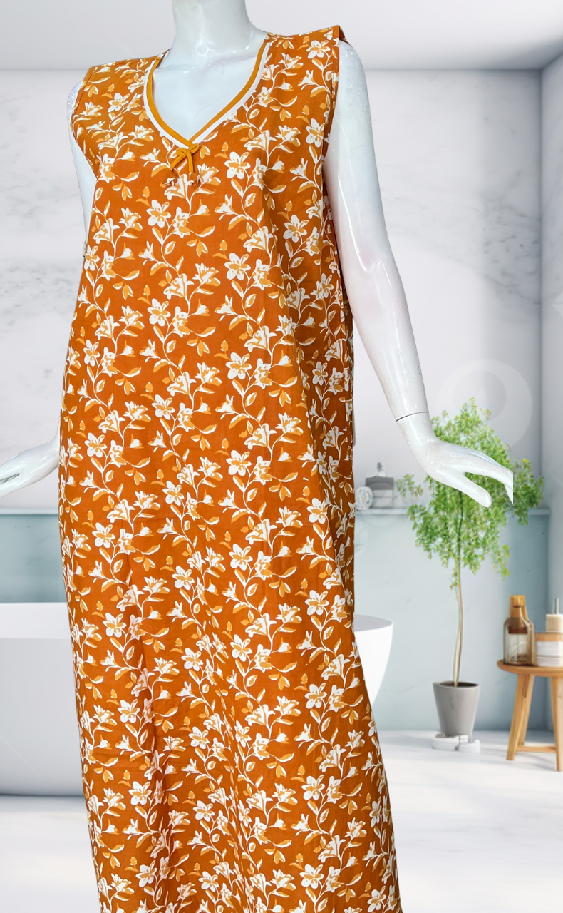 Mustard Garden Sleeveless Pure Cotton Nighty. Pure Durable Cotton | Laces and Frills