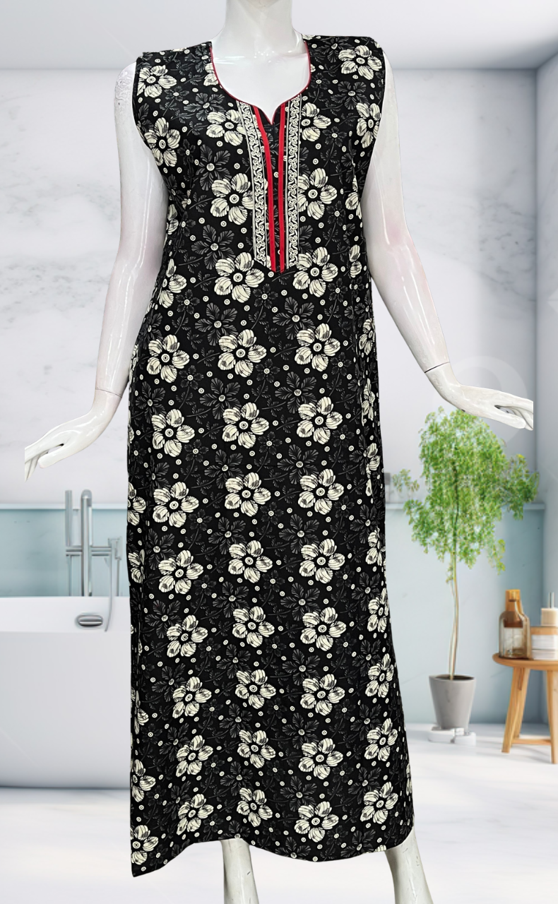 Black Floral Sleeveless Pure Cotton Nighty. Pure Durable Cotton | Laces and Frills