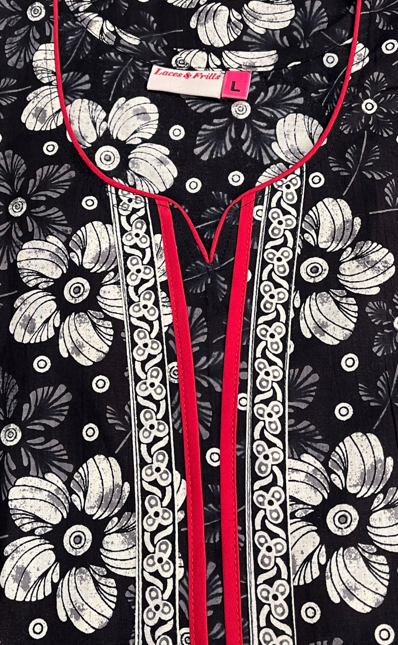 Black Floral Sleeveless Pure Cotton Nighty. Pure Durable Cotton | Laces and Frills