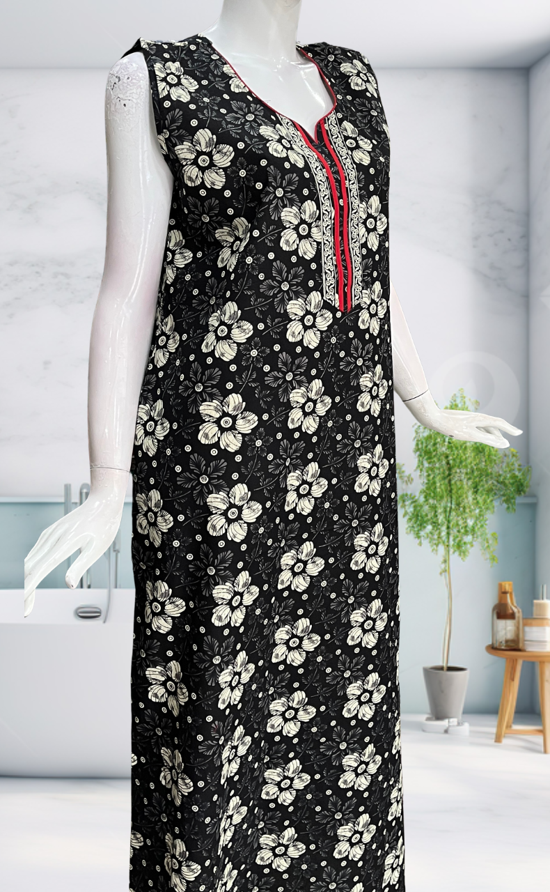 Black Floral Sleeveless Pure Cotton Nighty. Pure Durable Cotton | Laces and Frills