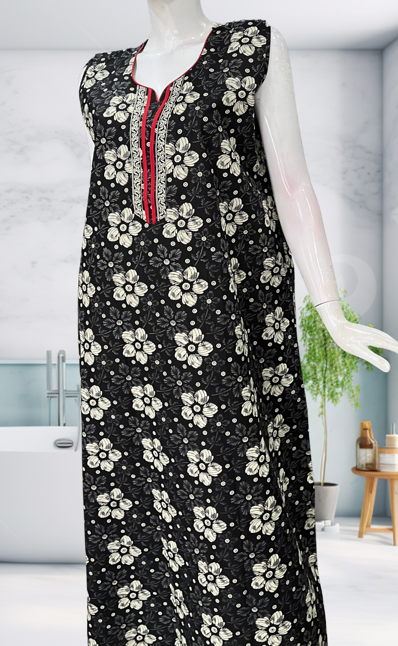 Black Floral Sleeveless Pure Cotton Nighty. Pure Durable Cotton | Laces and Frills