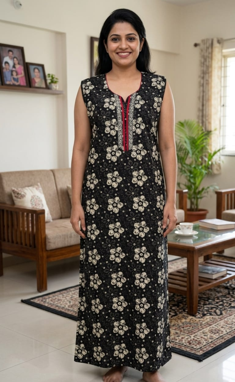 Black Floral Sleeveless Pure Cotton Nighty. Pure Durable Cotton | Laces and Frills