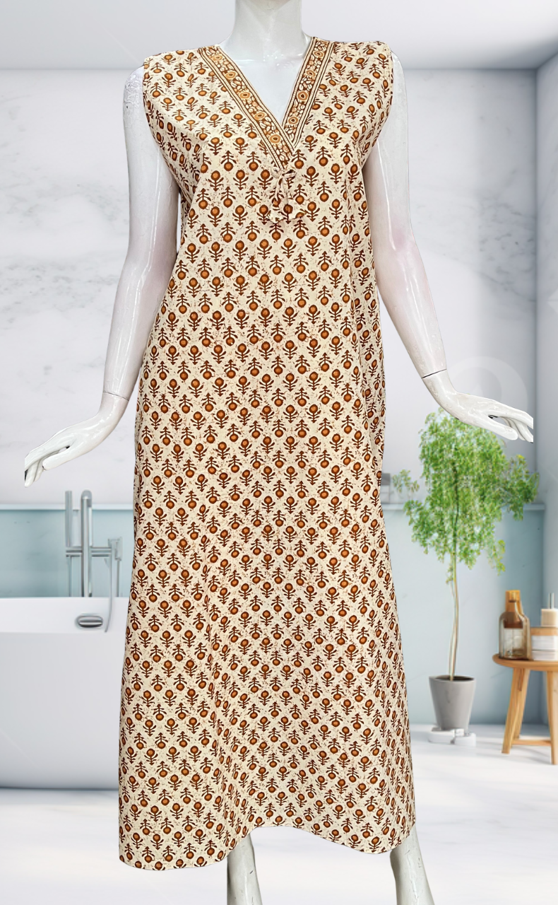 Mustard Flora Sleeveless Pure Cotton Nighty. Pure Durable Cotton | Laces and Frills