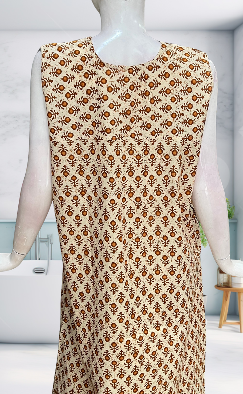 Mustard Flora Sleeveless Pure Cotton Nighty. Pure Durable Cotton | Laces and Frills