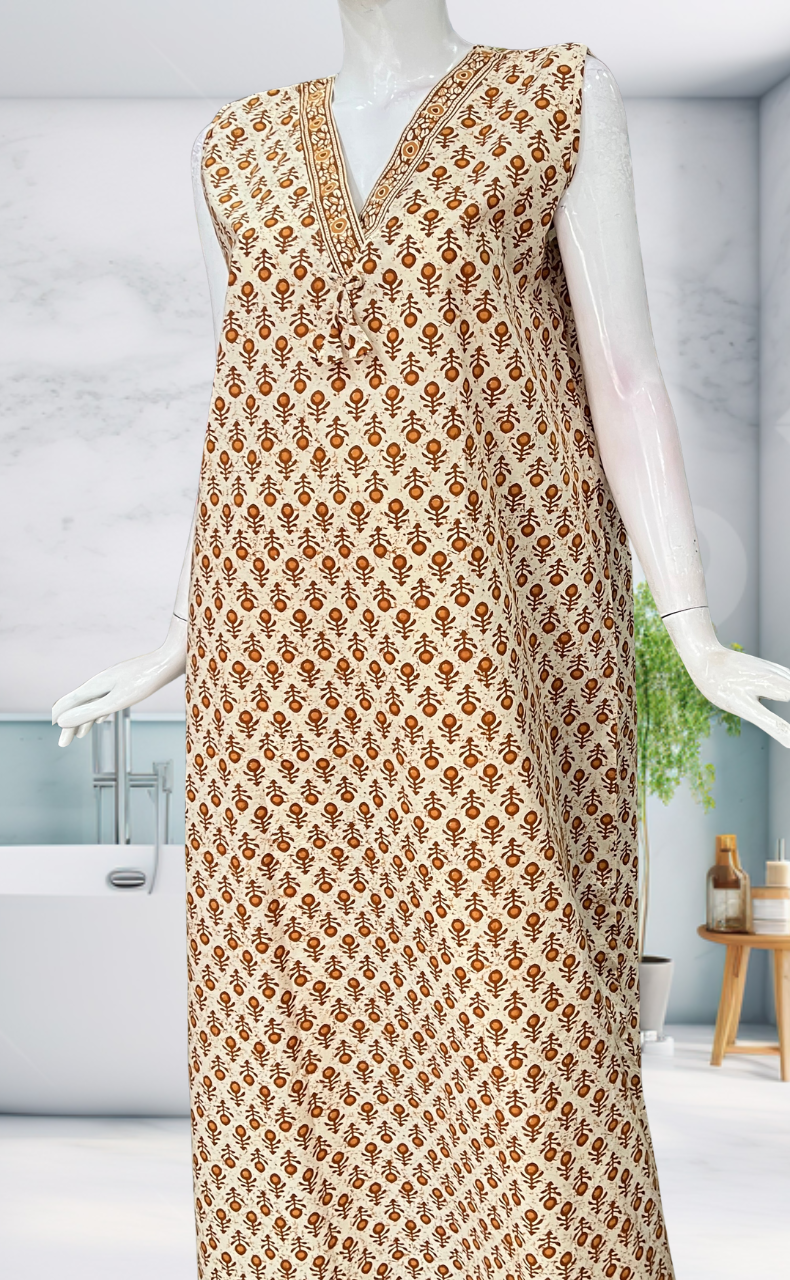 Mustard Flora Sleeveless Pure Cotton Nighty. Pure Durable Cotton | Laces and Frills