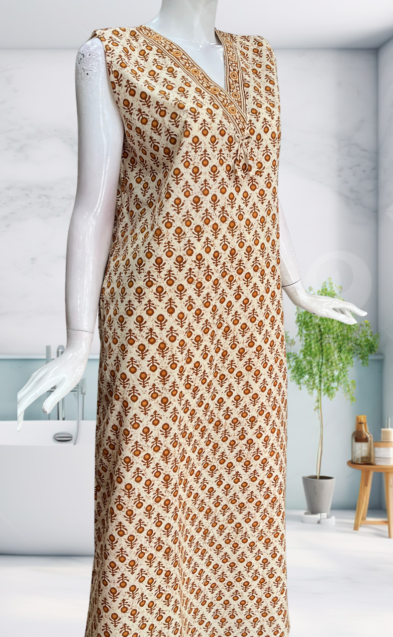 Mustard Flora Sleeveless Pure Cotton Nighty. Pure Durable Cotton | Laces and Frills