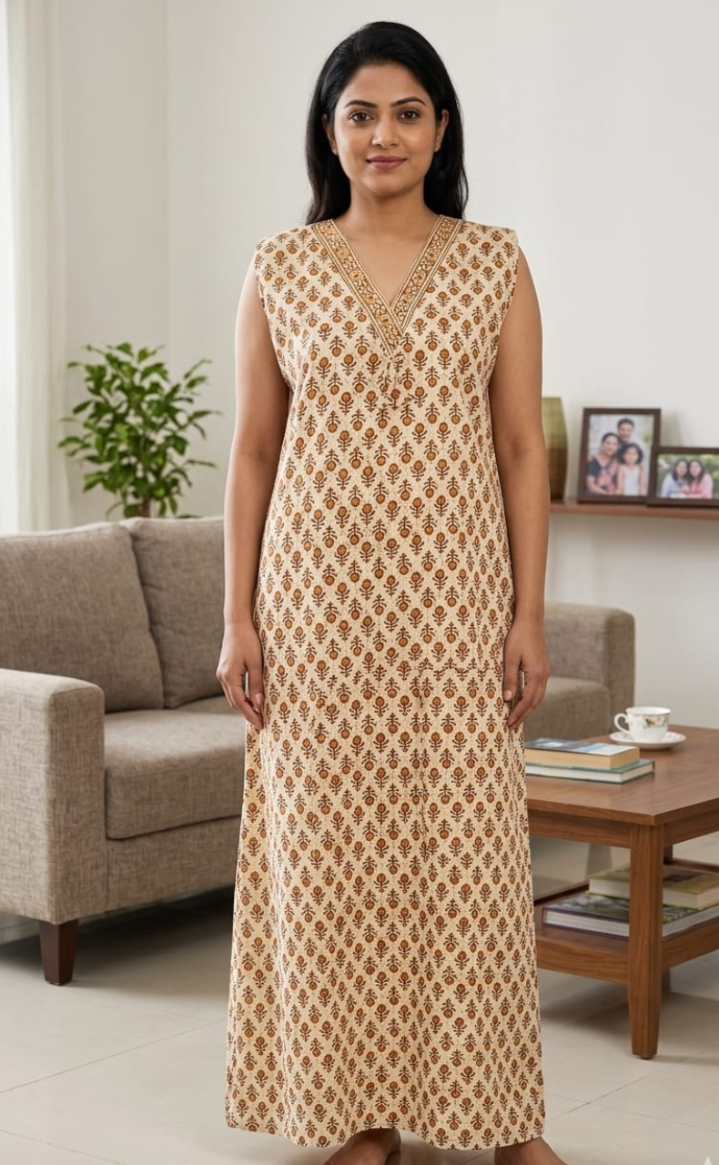Mustard Flora Sleeveless Pure Cotton Nighty. Pure Durable Cotton | Laces and Frills