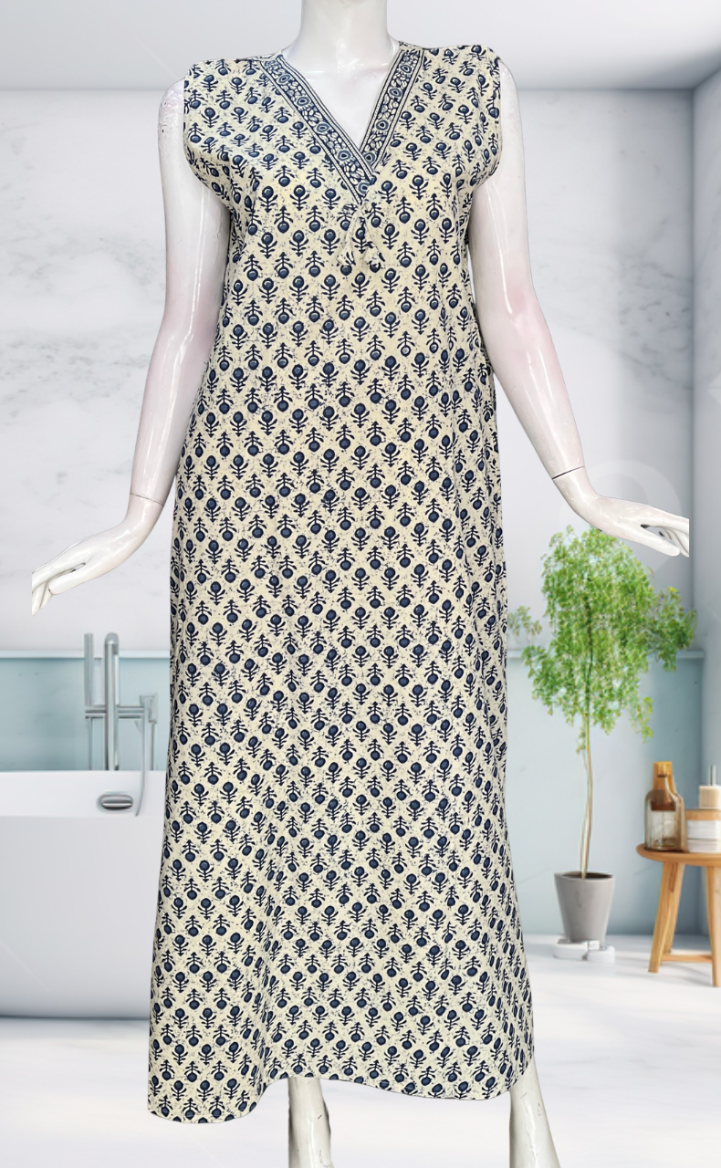 Blue Flora Sleeveless Pure Cotton Nighty. Pure Durable Cotton | Laces and Frills
