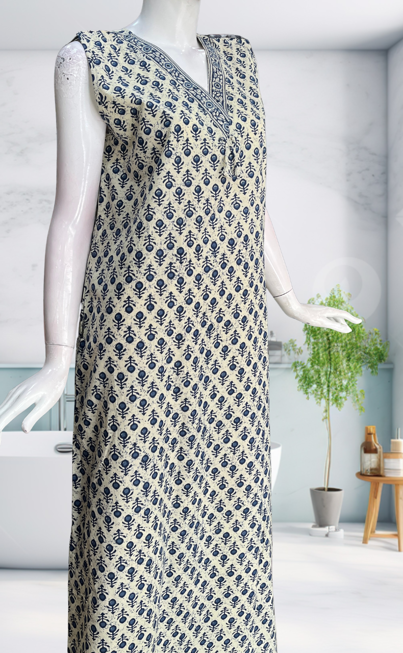 Blue Flora Sleeveless Pure Cotton Nighty. Pure Durable Cotton | Laces and Frills