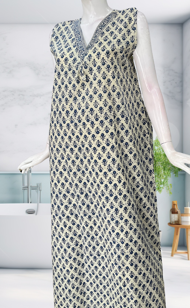 Blue Flora Sleeveless Pure Cotton Nighty. Pure Durable Cotton | Laces and Frills