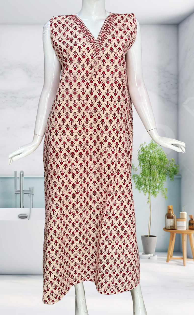Maroon Flora Sleeveless Pure Cotton Nighty. Pure Durable Cotton | Laces and Frills
