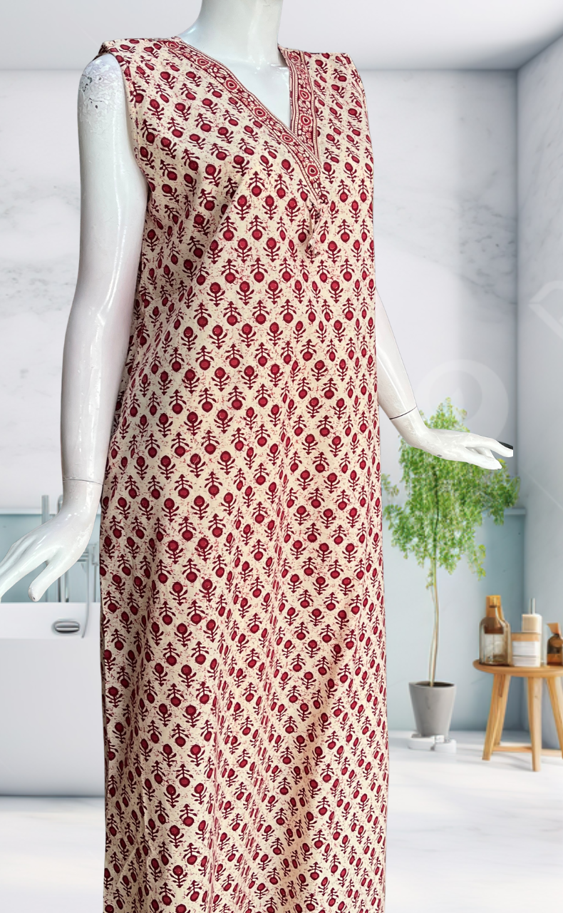 Maroon Flora Sleeveless Pure Cotton Nighty. Pure Durable Cotton | Laces and Frills