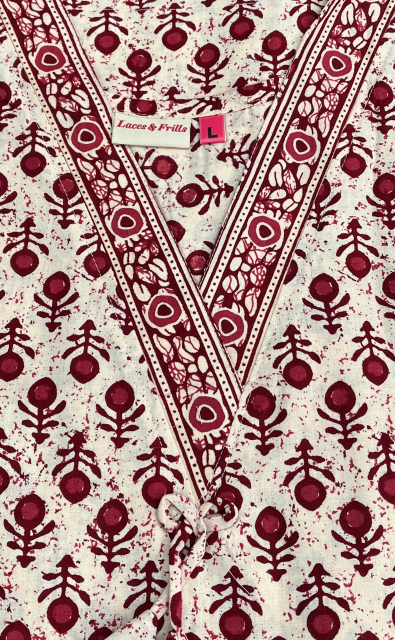 Maroon Flora Sleeveless Pure Cotton Nighty. Pure Durable Cotton | Laces and Frills