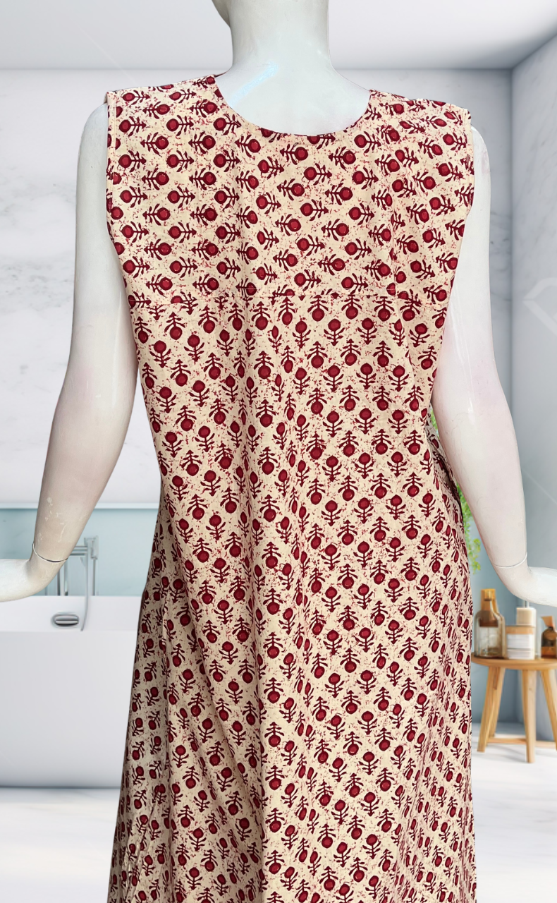 Maroon Flora Sleeveless Pure Cotton Nighty. Pure Durable Cotton | Laces and Frills