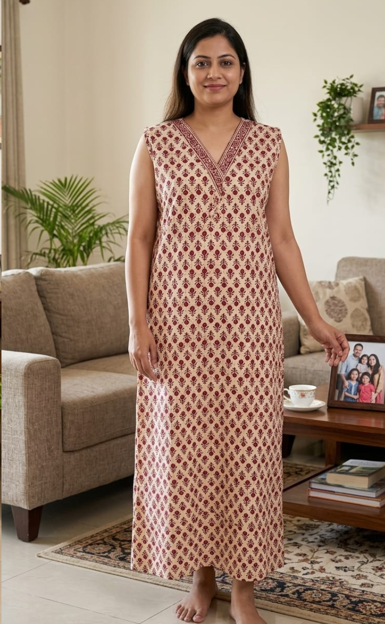 Maroon Flora Sleeveless Pure Cotton Nighty. Pure Durable Cotton | Laces and Frills
