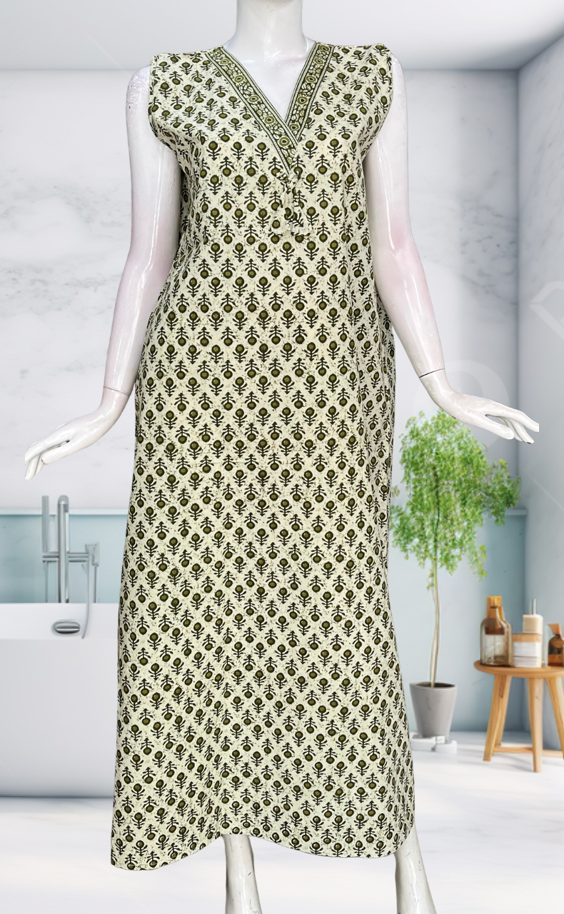 Green Flora Sleeveless Pure Cotton Nighty. Pure Durable Cotton | Laces and Frills