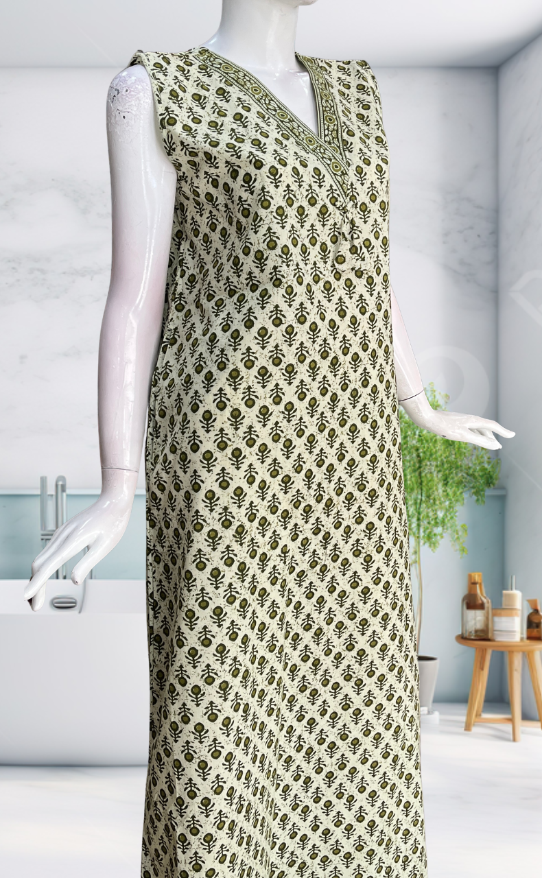 Green Flora Sleeveless Pure Cotton Nighty. Pure Durable Cotton | Laces and Frills