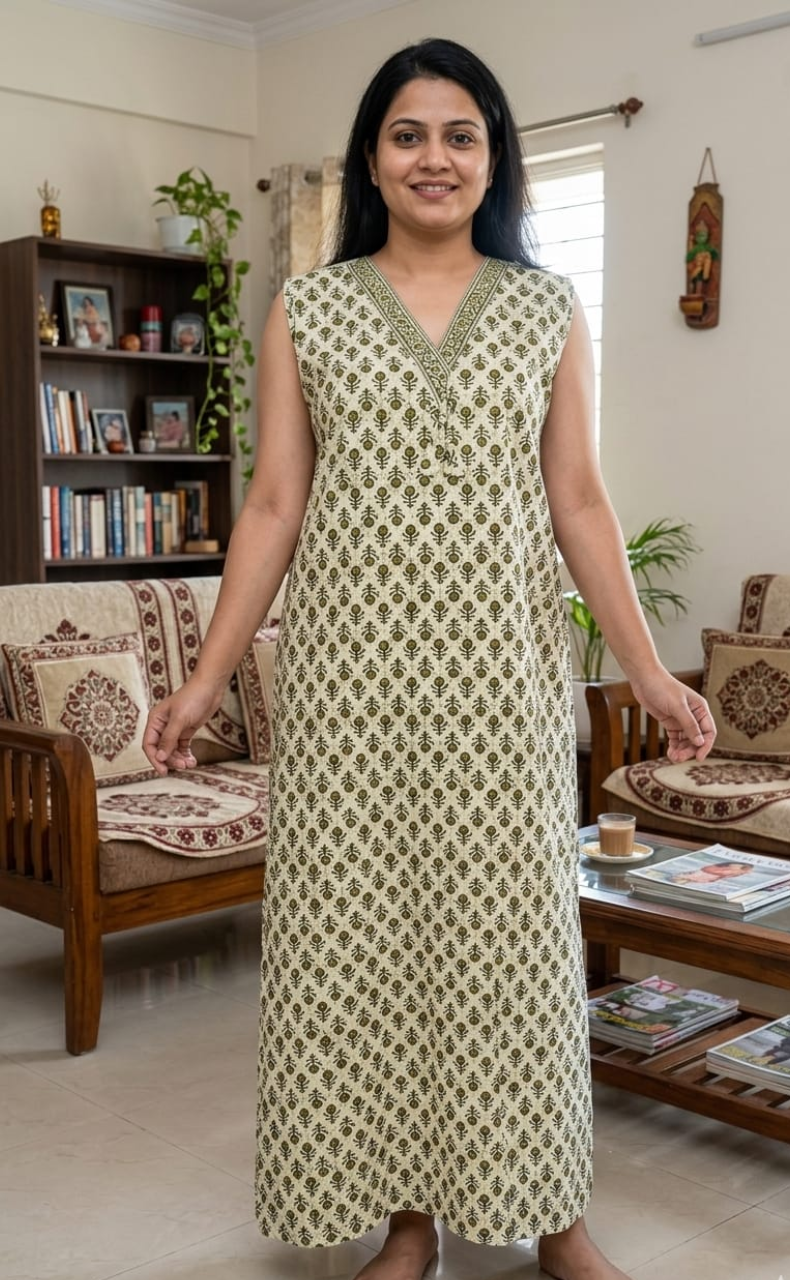 Green Flora Sleeveless Pure Cotton Nighty. Pure Durable Cotton | Laces and Frills