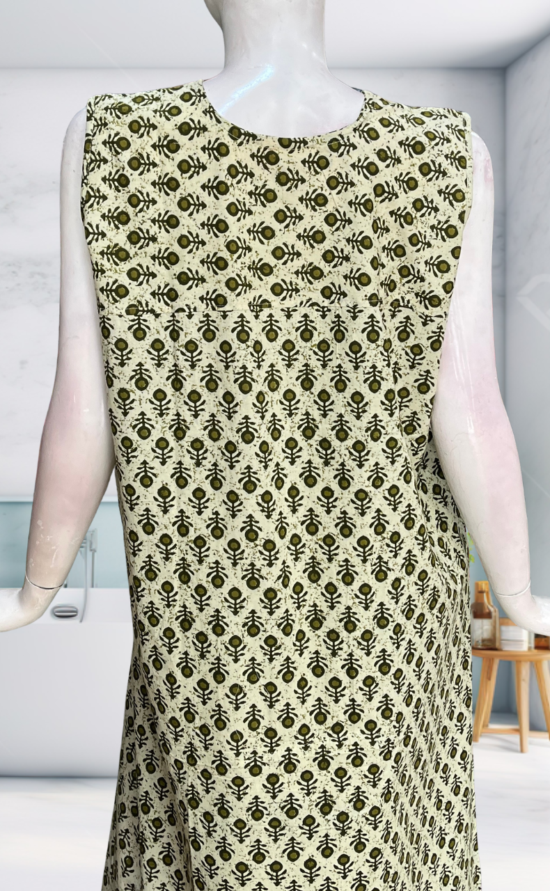 Green Flora Sleeveless Pure Cotton Nighty. Pure Durable Cotton | Laces and Frills