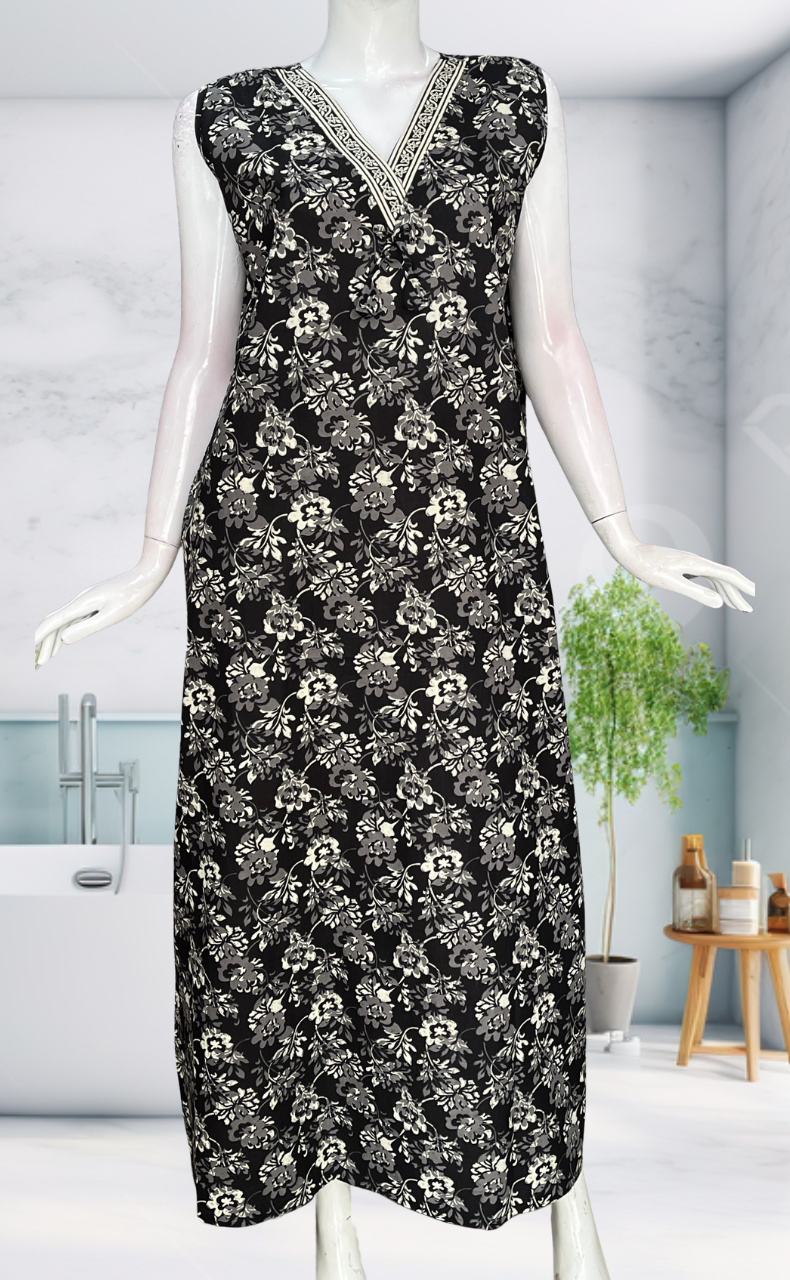 Black Garden Sleeveless Pure Cotton Nighty. Pure Durable Cotton | Laces and Frills
