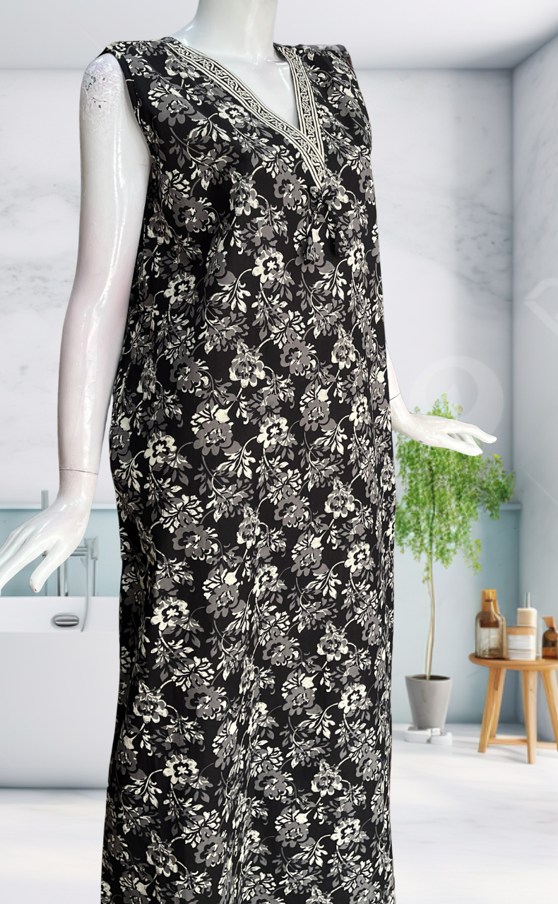 Black Garden Sleeveless Pure Cotton Nighty. Pure Durable Cotton | Laces and Frills
