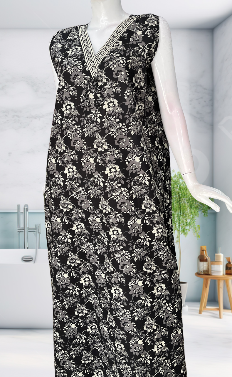 Black Garden Sleeveless Pure Cotton Nighty. Pure Durable Cotton | Laces and Frills