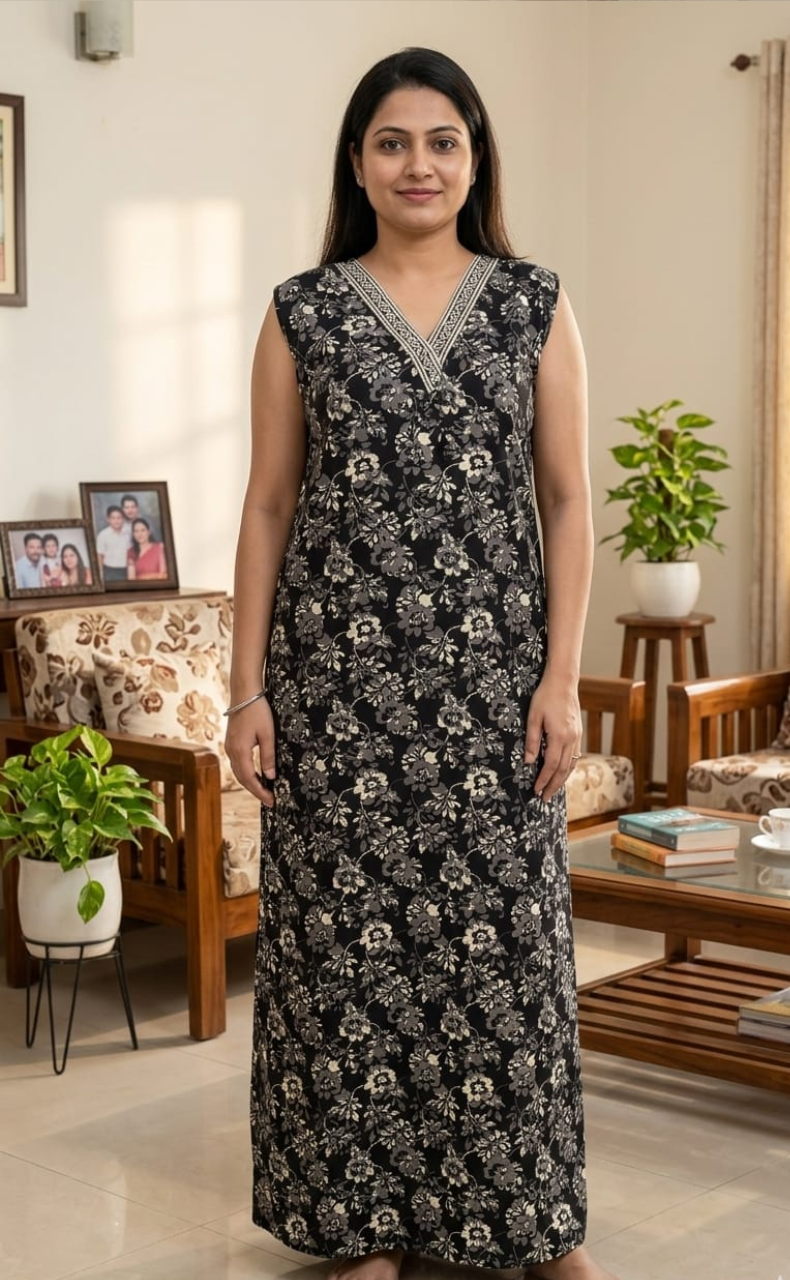 Black Garden Sleeveless Pure Cotton Nighty. Pure Durable Cotton | Laces and Frills