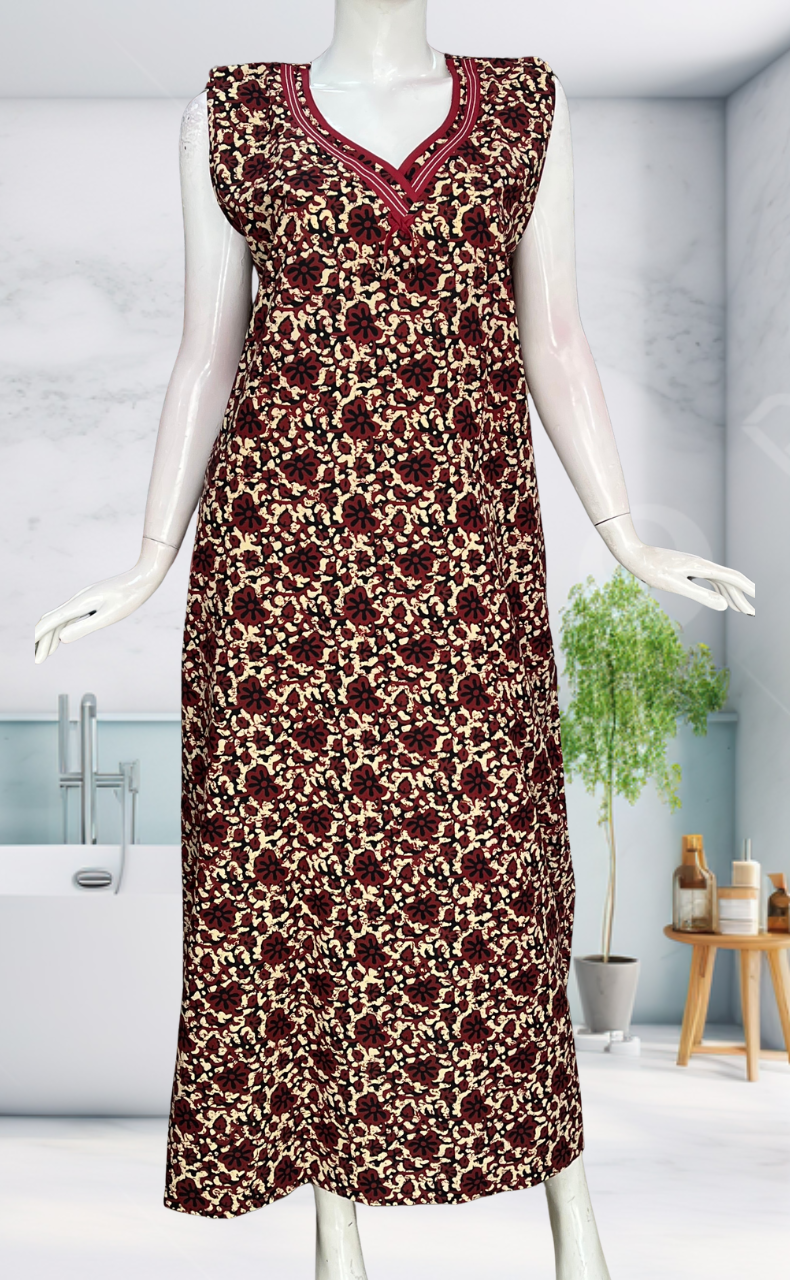 Maroon Garden Sleeveless Pure Cotton Nighty. Pure Durable Cotton | Laces and Frills
