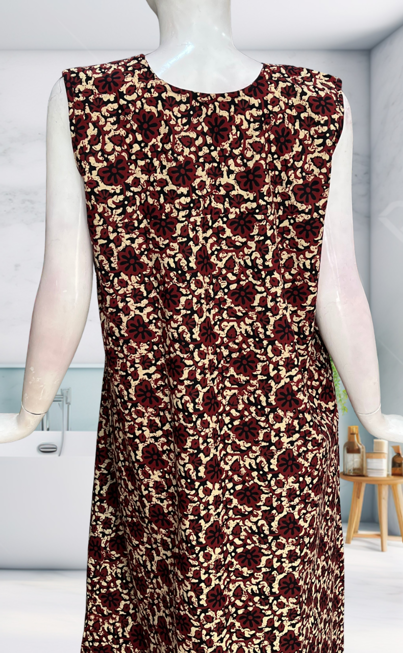Maroon Garden Sleeveless Pure Cotton Nighty. Pure Durable Cotton | Laces and Frills