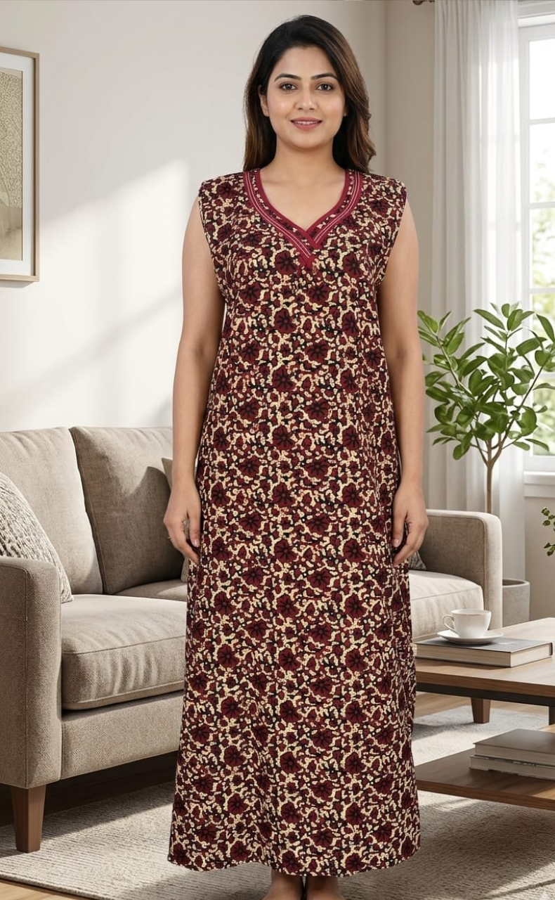 Maroon Garden Sleeveless Pure Cotton Nighty. Pure Durable Cotton | Laces and Frills
