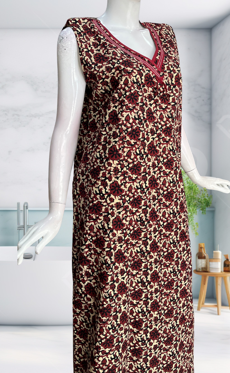 Maroon Garden Sleeveless Pure Cotton Nighty. Pure Durable Cotton | Laces and Frills