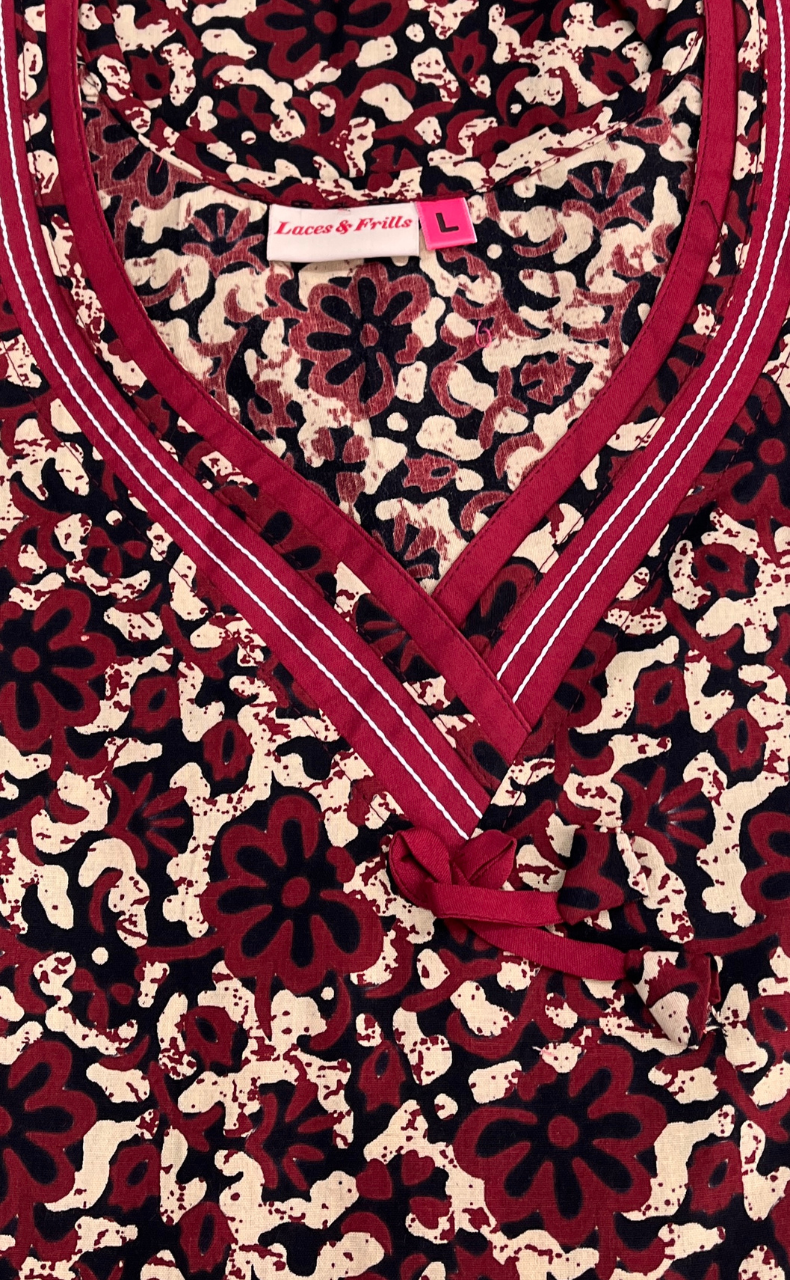 Maroon Garden Sleeveless Pure Cotton Nighty. Pure Durable Cotton | Laces and Frills