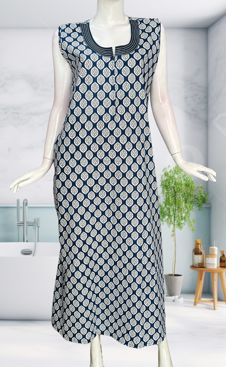 Blue Ikat Sleeveless Pure Cotton Nighty. Pure Durable Cotton | Laces and Frills