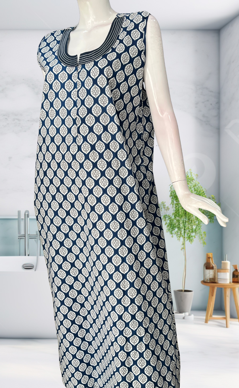 Blue Ikat Sleeveless Pure Cotton Nighty. Pure Durable Cotton | Laces and Frills