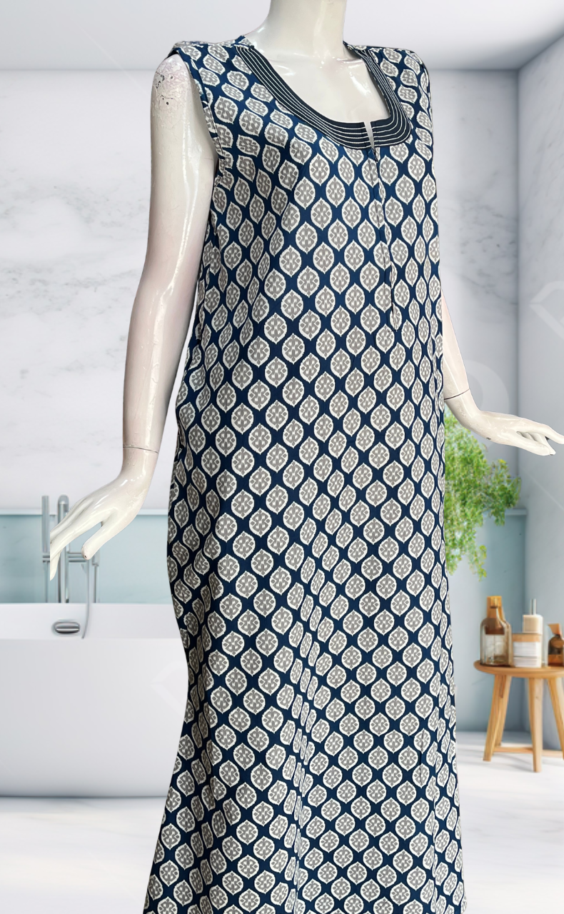 Blue Ikat Sleeveless Pure Cotton Nighty. Pure Durable Cotton | Laces and Frills