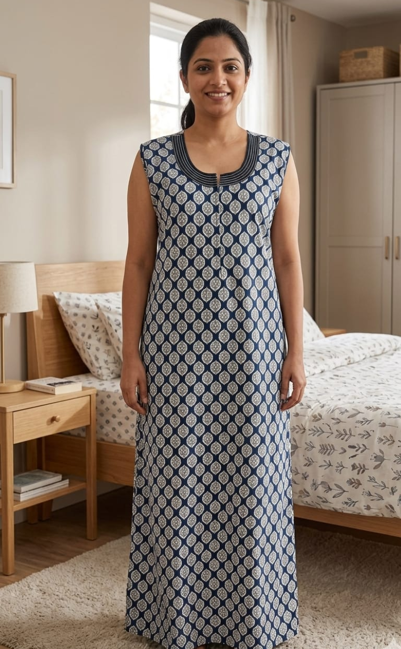 Blue Ikat Sleeveless Pure Cotton Nighty. Pure Durable Cotton | Laces and Frills