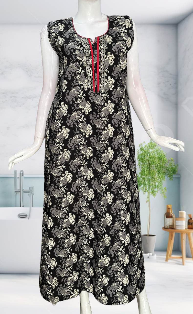 Black Garden Sleeveless Pure Cotton Nighty. Pure Durable Cotton | Laces and Frills