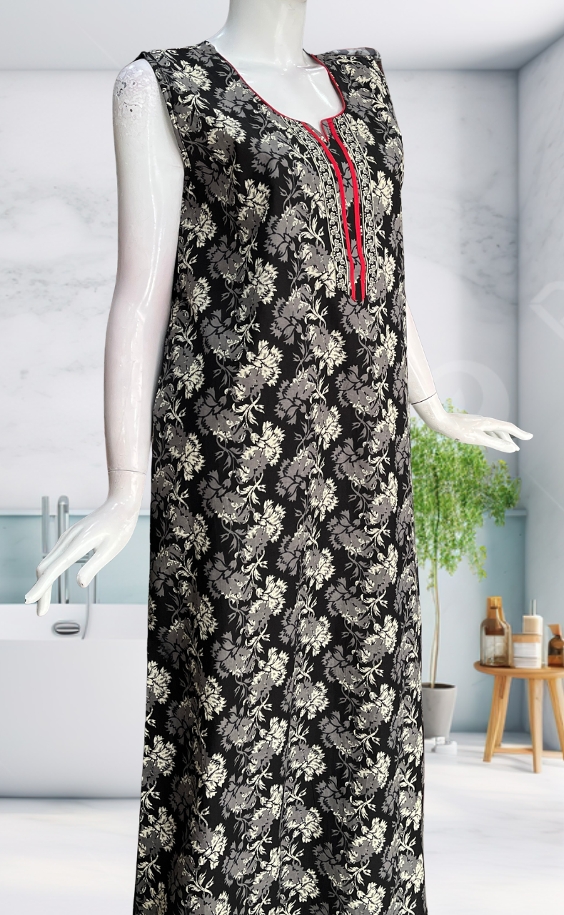 Black Garden Sleeveless Pure Cotton Nighty. Pure Durable Cotton | Laces and Frills