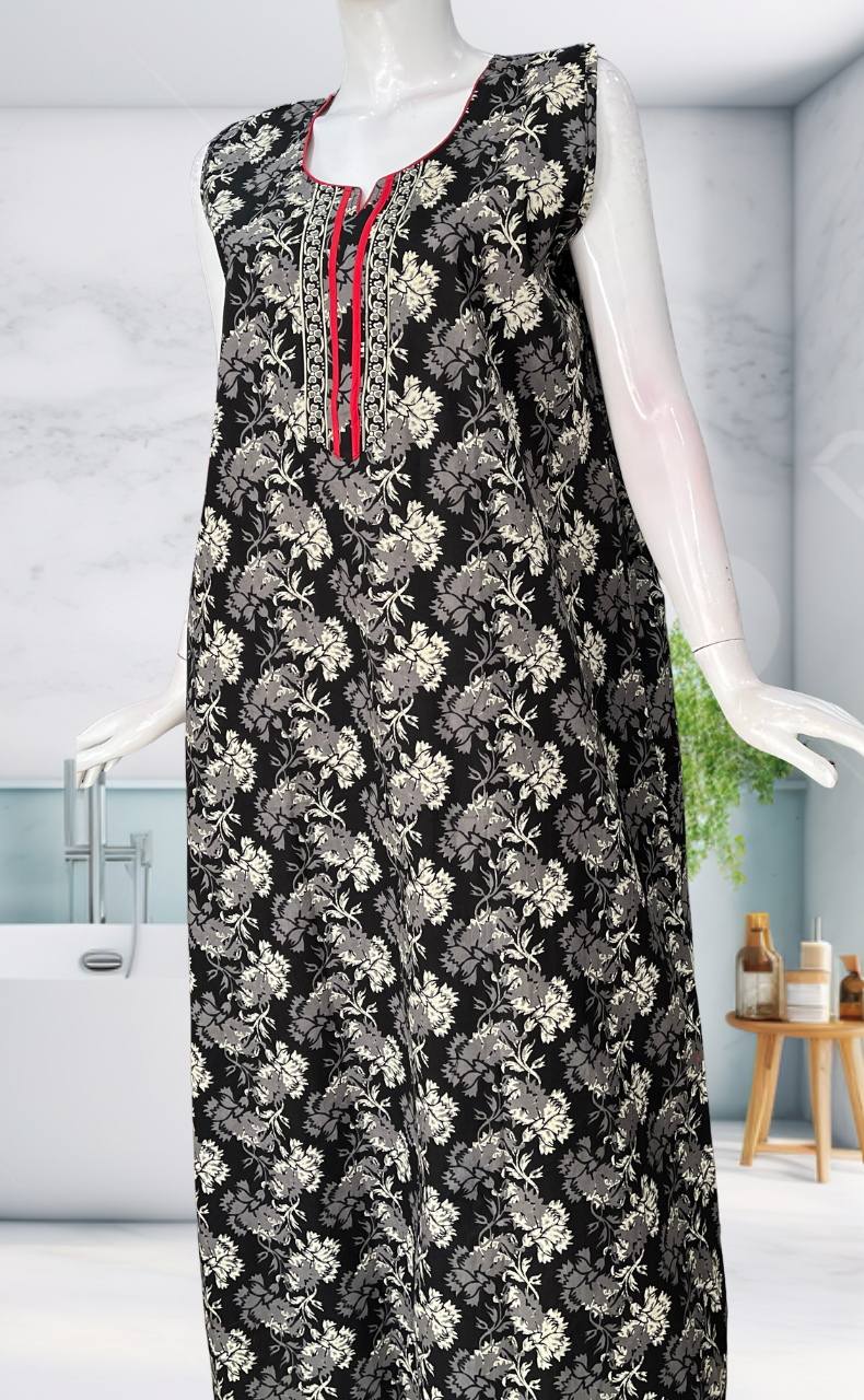 Black Garden Sleeveless Pure Cotton Nighty. Pure Durable Cotton | Laces and Frills