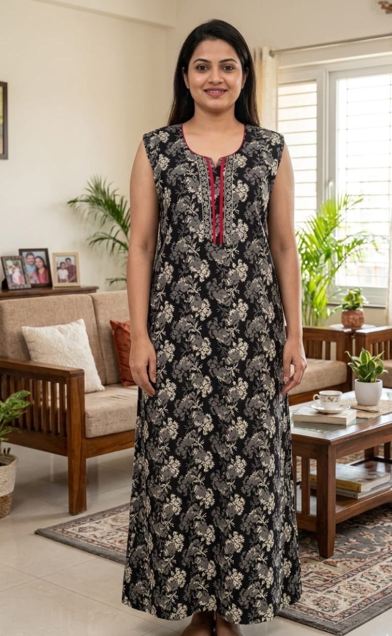 Black Garden Sleeveless Pure Cotton Nighty. Pure Durable Cotton | Laces and Frills