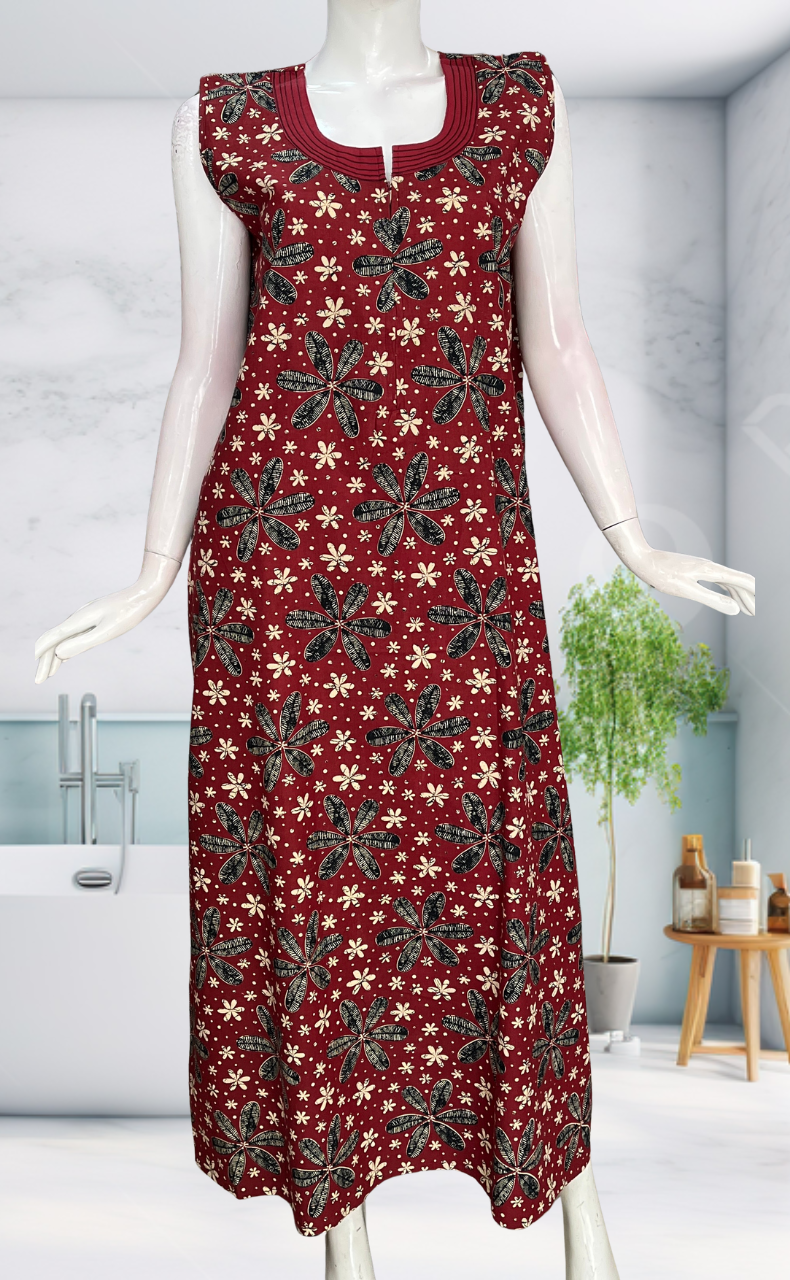 Maroon Flora Sleeveless Pure Cotton Nighty. Pure Durable Cotton | Laces and Frills