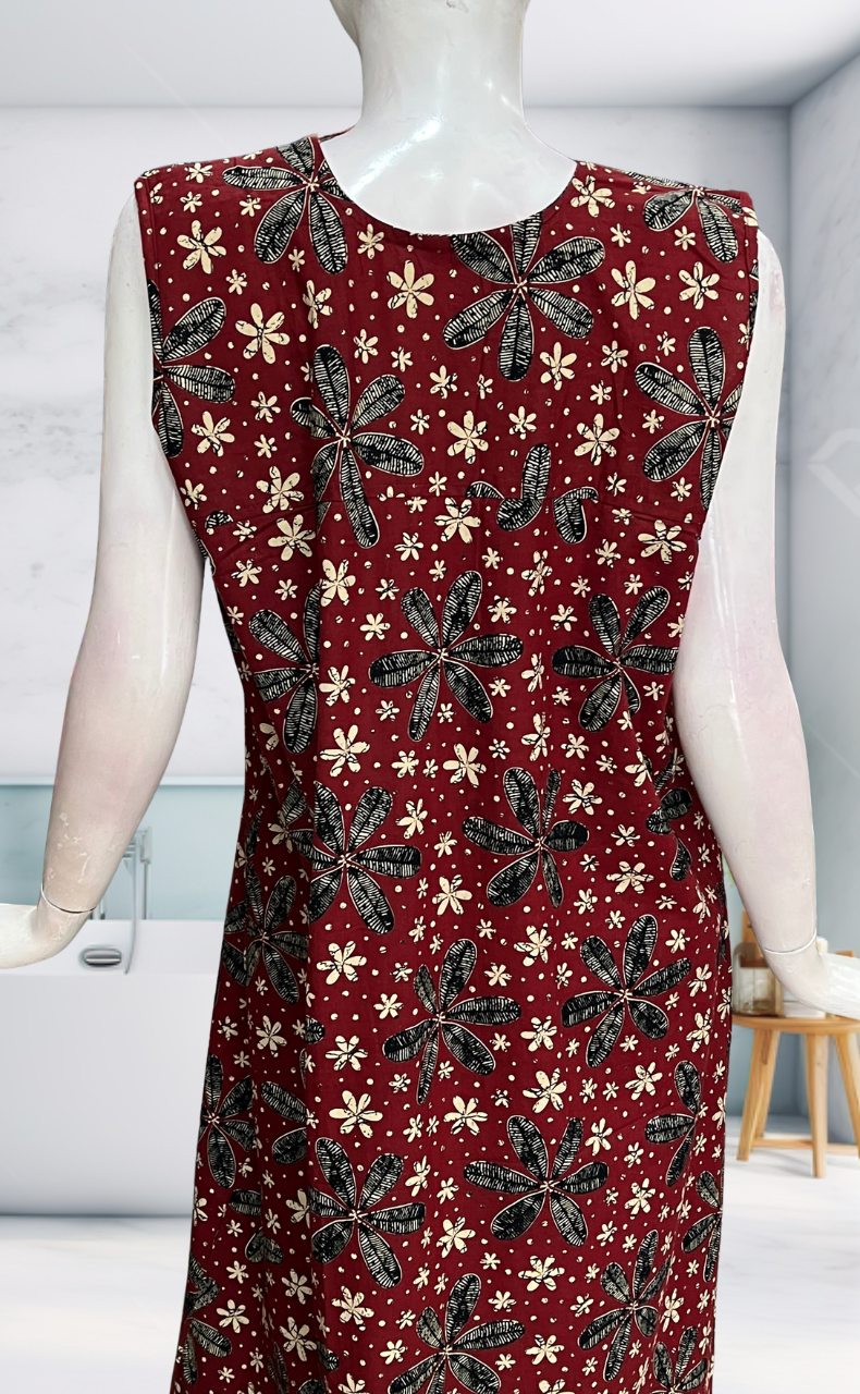 Maroon Flora Sleeveless Pure Cotton Nighty. Pure Durable Cotton | Laces and Frills