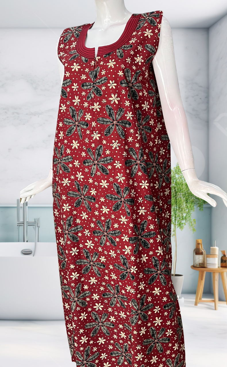 Maroon Flora Sleeveless Pure Cotton Nighty. Pure Durable Cotton | Laces and Frills