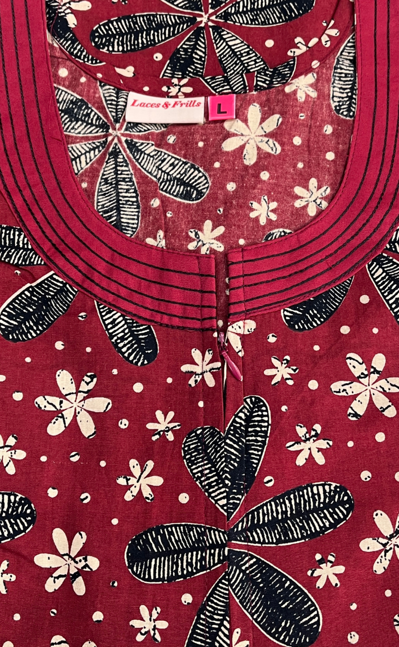Maroon Flora Sleeveless Pure Cotton Nighty. Pure Durable Cotton | Laces and Frills