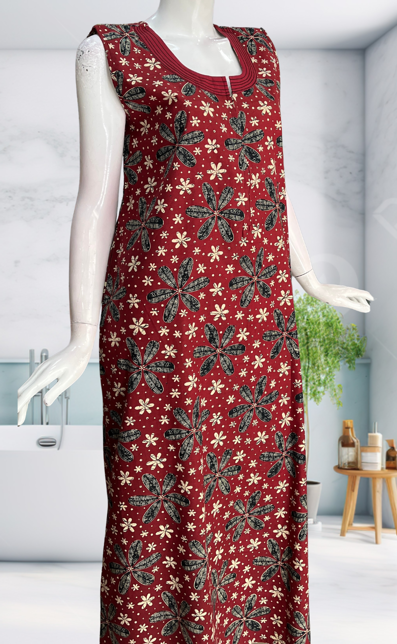 Maroon Flora Sleeveless Pure Cotton Nighty. Pure Durable Cotton | Laces and Frills