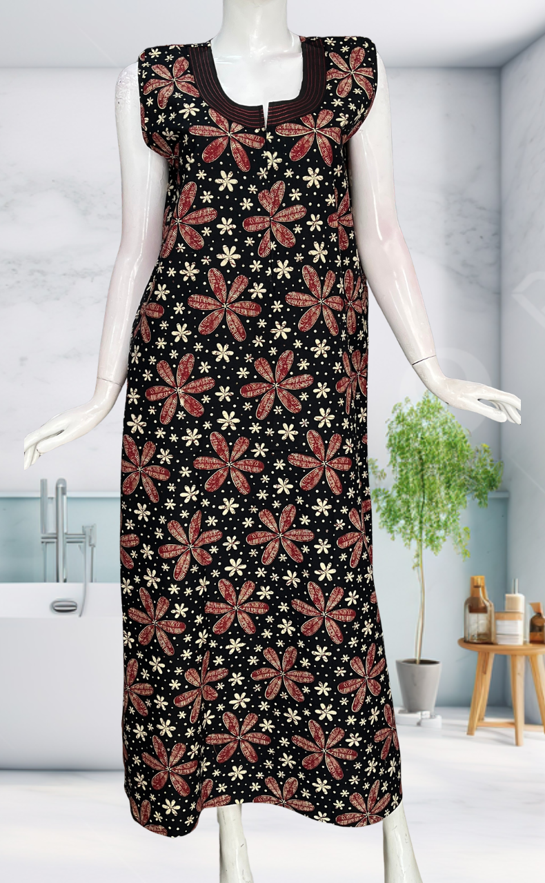 Black Flora Sleeveless Pure Cotton Nighty. Pure Durable Cotton | Laces and Frills