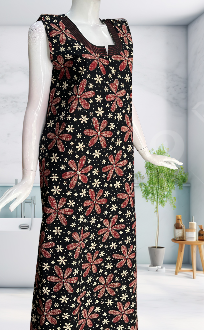 Black Flora Sleeveless Pure Cotton Nighty. Pure Durable Cotton | Laces and Frills