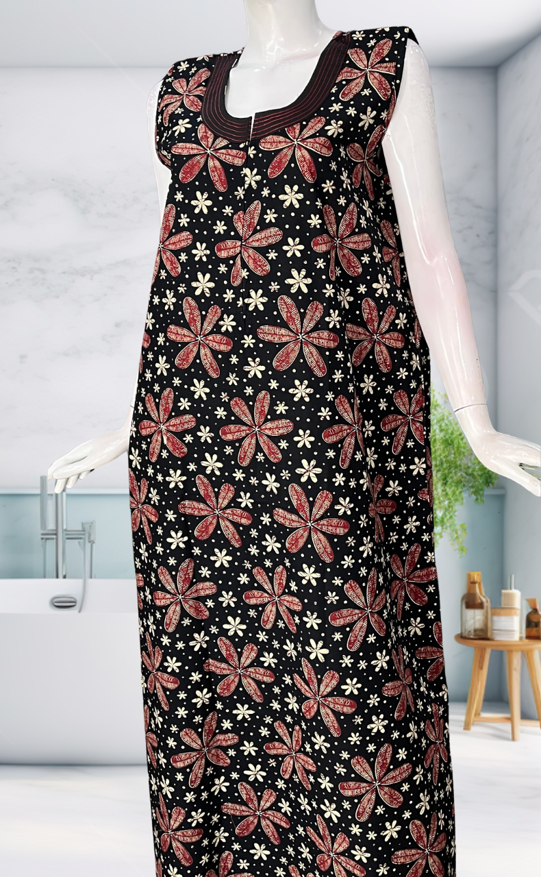 Black Flora Sleeveless Pure Cotton Nighty. Pure Durable Cotton | Laces and Frills